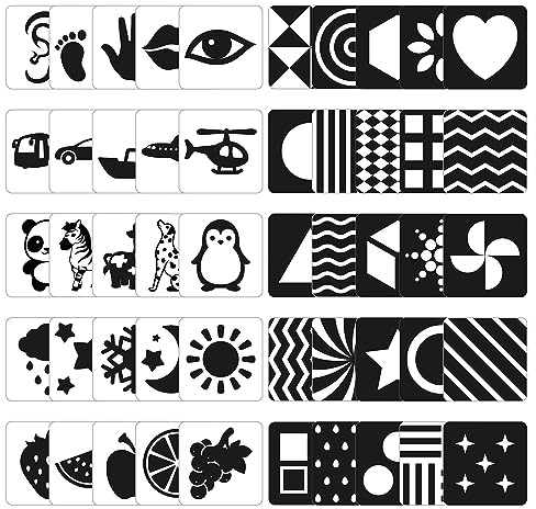 ZazzyKid Tarjetas flash de estimulación visual para bebés: 50 páginas en blanco y negro de alto contraste, tarjetas de bebé de 0 a 3 meses, juguetes sensoriales y de desarrollo cerebral para recién