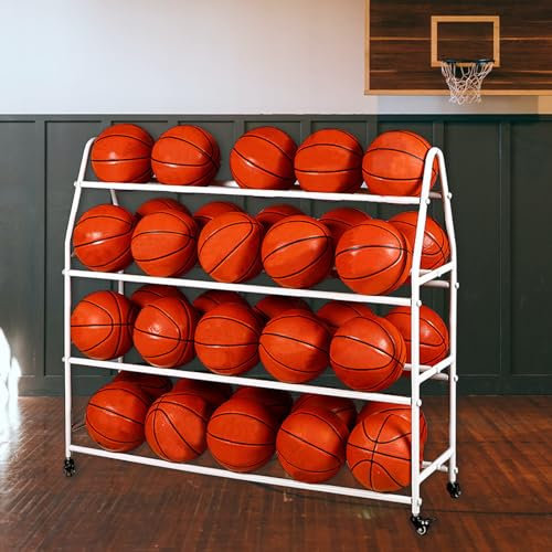 json2xml Kommerzieller Basketball,Fußball Und Volleyball-Ausrüstungs-Organizer,Rack-Halter Mit 360° Bewegung,Feststellbaren Rädern,Ballsport-Aufbewahrungsregal,Großes Fassungsvermögen,White-W:97CM