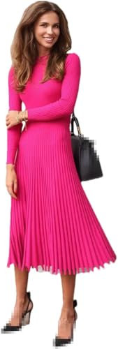 Vestido de punto para mujer, para otoño e invierno, básico, manga completa, vestido vintage delgado, vestido de fiesta, vestido de suéter femenino, fucsia, M