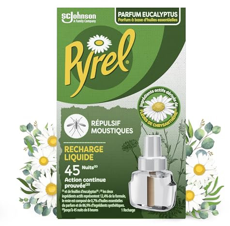 Pyrel Recharge Liquide - Répulsif Moustiques 45 Nuits - Parfum Eucalyptus - 1 Recharge