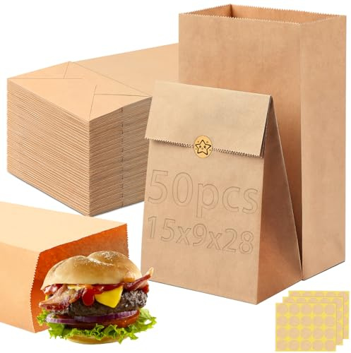 Kvittra Paper Lunch Bags， Kraft Paper Treat Bags with Window, Ziplock Stand Up Pouches for Packing Food Cookies Snacks, Resealable Bag with Transparent Window and Tear Notch (15x9x28cm)