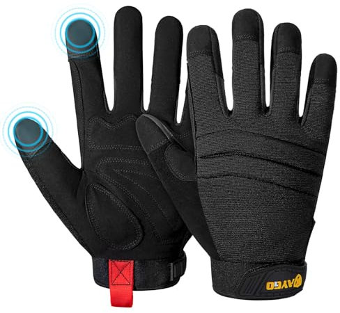 KAYGO Mechanische Arbeitshandschuhe für Herren, Abriebfeste Robuste Mechanikerhandschuhe mit Touchscreen Kunstleder Handflächenschutz, für DIY Baustelle Gartenarbeit (Voll Schwarz, XL, Gr 10)