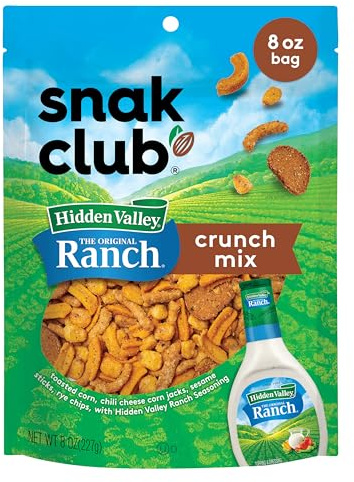 Snak Club Crunch Mix - Mezcla de especias de rancho Hidden Valley, nuggets de maíz tostados, chile y queso chiles, varillas de sésamo y chips de centeno, tamaño familiar, 237 ml