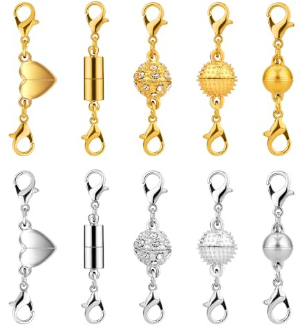 Mikovivi 10 Stück Doppelte Magnetverschlüsse, 5 Stile Magnetische Halskettenverschlüsse und Verschlüsse Magnetverschluss Konverter für Halsketten Schmuck Armbänder Fußkettchen (2 Farben)