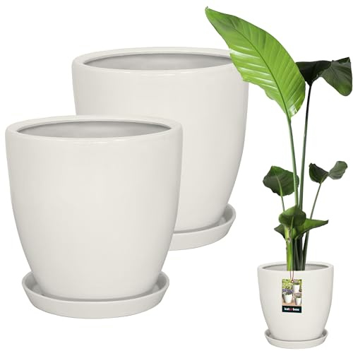 KOTARBAU® Uppsättning av 2 växtkrukor med underlägg, vit ⌀ 31 cm, höjd: 30 cm, glaserad keramisk blomkruka, stor planta, kaktusgryta med underlägg, ytterkruka med underlägg, blomkrukor, keramik
