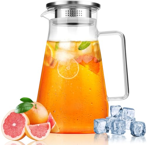 Vilomdur 1.5L Carafe en Verre, Carafe Eau avec Couvercle et Anse, Transparent et Résistant Chaleur Pichet en Verre, Carafe Eau Verre, pour Eau Froides/Chaudes, thé Glacé, Vin, Jus, Lait