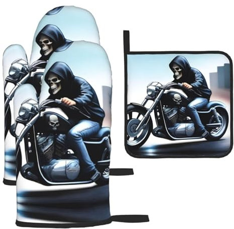 YYHHAOFA Lot de 3 gants de cuisine imperméables et durables pour four et manique pour isolation thermique Motif squelette de moto