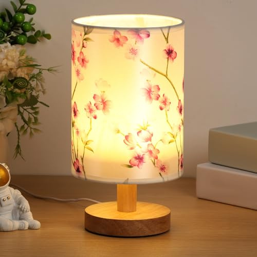 HAIJED Bedside Table Lamp, Vintage Small Bedside Night Lamp with Linen Fabric Lampshade and Wooden Base, Classic On/Off Switch and Warm Light LED Bulb for Bedroom Living Room Hotel (Style 1)