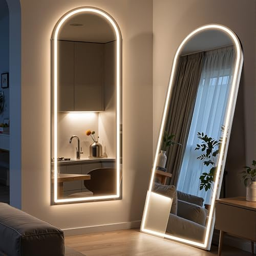 Arched Full Length Mirror with LED Lights, 60x16 LED Floor Mirror with Stand, Body Floor Mirrors with Dimming & 3 Color Lighting, Wall Mounted LED Mirrors for Bedroom, Dressing Room, Cloakroom