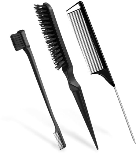 Hair Brush Set 3 Piece, Boar Bristle Brush for Smoothing Frizz-Free, Edge Control Brush for Flyaways, Rat Tail Comb for Sectioning Teasing – Salon Styling Kit