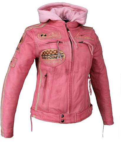 ALPHA SPEEDS Damen Motorradjacke Lederjacke Damen Jacke mit Protektoren Lederjacke mit Kapuze Leather Jacket Biker Jacket Custom Jacke