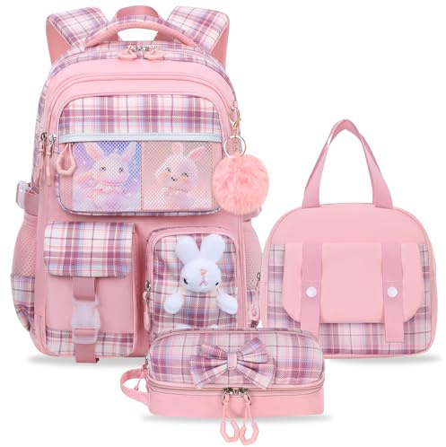 NSEQB Girls Backpack Set With Lunch Bag and Multi-Compartment Pencil Case,Cute Girls School Backpack For Kids,Childrens Schoolbag For Kindergarten Elementary Primary（Pink-3PCS）