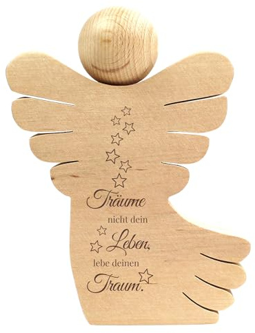 Geschenkissimo Träume Nicht Dein Leben, lebe deinen Traum - Holzengel mit Spruch - Dekofigur in Engel Form mit Gravur - Motivationsgeschenk - Geschenkidee