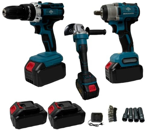 Kit 3 in 1 Completo Professionale Fai Da Te Con Trapano Avvitatore, Smerigliatrice Angolare, Trapano ad Impulsi Svita Boccole Svita Bulloni a Batteria 68V + Valigetta Trasporto