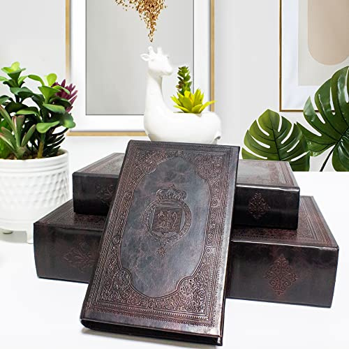 TRMESIA Decorative Book Box Set of 3,Vintage Style Book Shaped Storage Box,Leather Decorative Wooden Trinket Jewelry Books Boxes with Antique Embossed Pattern