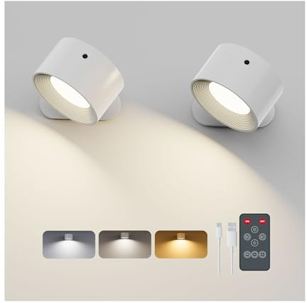 Feallive Wandleuchte Innen, Wandlampe mit Fernbedienung Dimmbar mit Akku mit USB-Ladeanschluss, Led Wandleuchte Touch Control 3 Helligkeitsstufen 3 Farbmodi 360° drehbare für Wohnzimmer Weiß 2 Stück