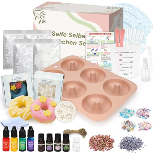 OSTWOLKE Jabón para hacer tú mismo, donut jabones para principiantes, juego de manualidades para adultos para hacer jabón, juego completo de bricolaje incluye aceite esencial y molde de silicona
