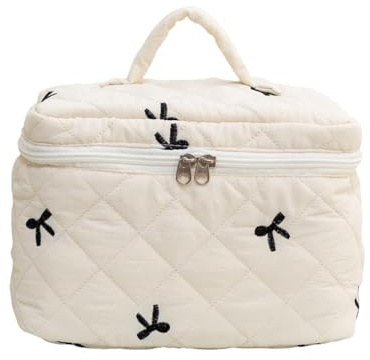 Schminktasche Damen mit süßer Schleife – Kosmetiktasche Klein im Clean Girl Stil, Kulturtasche Damen für Urlaub & Handgepäck, Makeup Organizer Bag Geschenk für Mädchen 23x16x16CM