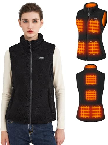 Hecusma Noir Polaire Gilet Chauffant Femme avec 16000mAh 7.4V Batterie incluse, Polaire Femme Gilet Chauffant Electrique, Sherpa Gilets pour Ski Extérieur-S