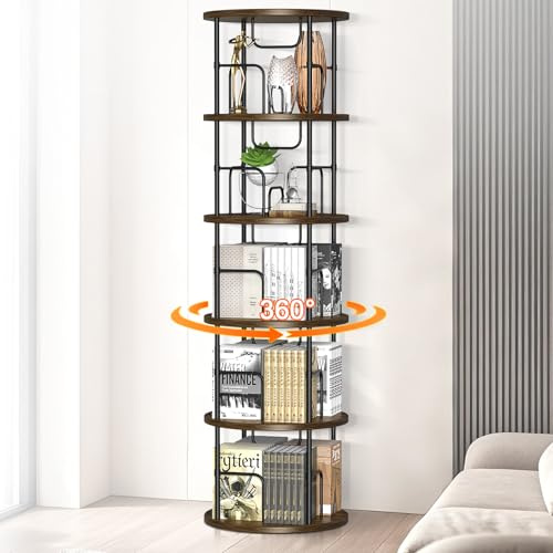 Vrietina 360° Drehbares Bücherregal aus Holz, Standregal mit 5 Ebenen, 45 x 45 x 160 cm, Bodenstehendes Bücherschrank Massivholz Lagerregal für Wohnzimmer, Schlafzimmer