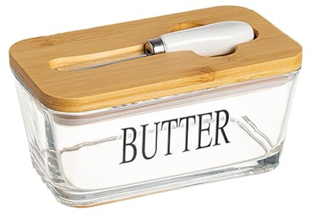 Braozaiw Mantequillera de vidrio con tapa, incluye tapa de madera de bambú, sello de silicona, cuchillo de mantequilla, caja perfecta para mantequilla, fruta, queso, mantener fresco, apto para
