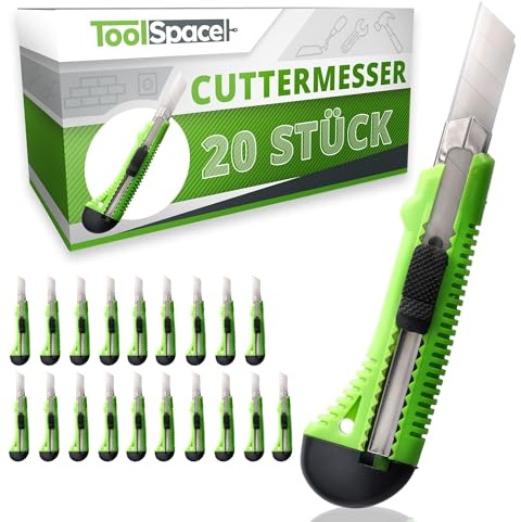 ToolSpace 20x Cuttermesser Stanley Messer Profi Cutter Messer Langlebig | Robust Teppichmesser 18 mm Klingen Sehr Scharf wie SK5 Papiermesser Baumesser ideal für Renovierungen Bauarbeiten Büro Grün