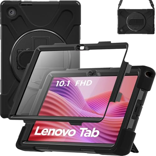 Case for Lenovo Tab 10.1 inch 2025, Full-Body Shockproof with Screen Protector, 360° Rotating Stand & Hand Strap, Carrying Strap (Black)