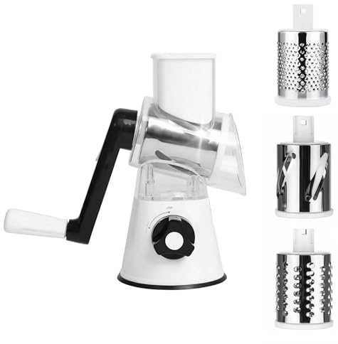 Fognill Cheese Grater Rotary Shredder - White Kitchen Hand Crank Grinder with 3 Interchangeable Blades, Efficient Rotary Shredder for Cheese Vegetables Nuts, Safe Food Processor for Home Kitchen
