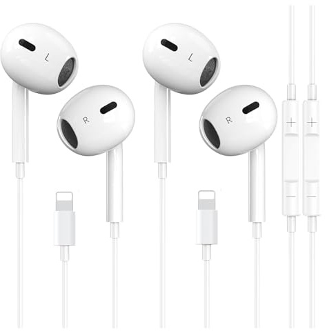 Lot de 2 paires d'écouteurs intra-auriculaires Lightning - Certifié MFi - Pour Apple iPhone 14/13/12/11 Plus Pro Max/X/SE/8/7/Plus/iPad - Écouteurs filaires avec microphone et stéréo HiFi