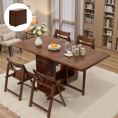 TFFCIC Folding Drop Leaf Dining Table and Chairs Set 4 Seater, Ready Assembled Space Saving Extendable Solid Wood Kitchen Table with Storage and Lockable Wheels (Walnut, 130 cm Table with 4 Chairs)