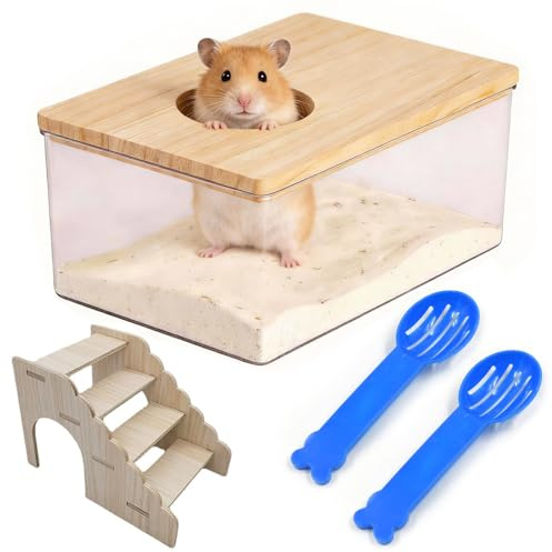 QingWing Bagno per Criceti con Scala E Pala, 18,5x12,5x8,5cm Bagno di Sabbia per Criceti Trasparente con Copertura in Legno,Contenitore Rettangolare, per Piccoli Animali Domestici, Gerbilli Lemming