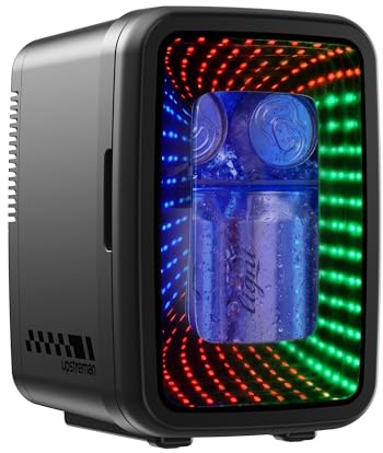 Upstreman Mini Nevera 4L/6 Latas con LED, TR4-S | Efecto Túnel LED Infinito, 12V/220V, Portatil, Para Habitacion, Gaming, Dormitorios Compartidos, Oficina, Coche