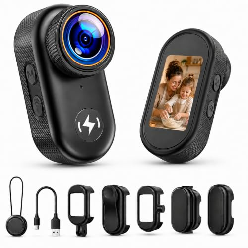 4K Mini Action Cam Bodycam Körperkamera im Daumen Format – Mini Kamera mit WLAN, 64GB Speicherkarte, 1,47 Zoll Display für einfaches Umschalten zwischen Quer- und Hochformat, magnetische Halterung
