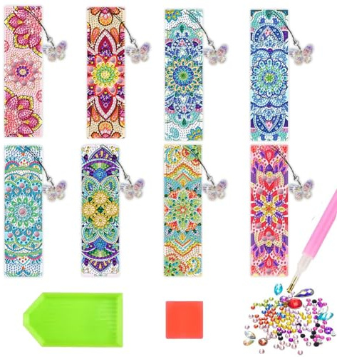 FCXVXCL Diamond Painting Mandala, 8PCS Marcapágina Pintura Diamante Mandala Kit Manualidade DIY Marcapagina Diamond Painting 5D con Colgante de Cristal Regalos de Cumpleaños para Niña