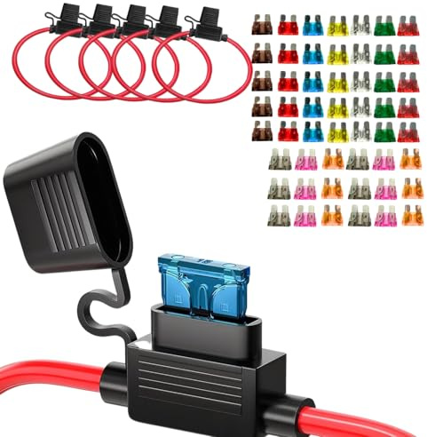 5 Stück 12AWG Sicherungshalter 12 Volt Inline Wasserdicht – Kfz Flachsicherungshalter Set mit 50 Flachsicherungen (10A-40A) – ATO/ATC Kompatibel für Auto, LKW, Motorrad, Wohnmobil, Boot