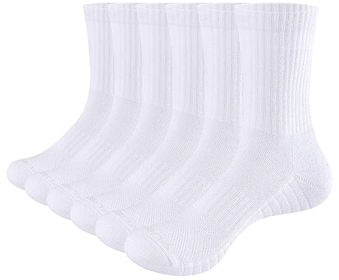 YUEDGE Mens Socks Cushioned Walking Sports Socks for Men, Performance Gym Tennis Training Athletic Sock Breathable Wicking Work Socks Cotton Crew Sock for Men 8-10, White, 6 Pairs