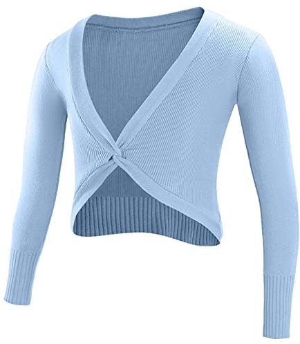 FEESHOW Kinder Mädchen Ballett Wickeljacke Langarm Tanz Ballettjacke Strickjacke Gymnastik Ballettkleidung Top Hellblau 134-140