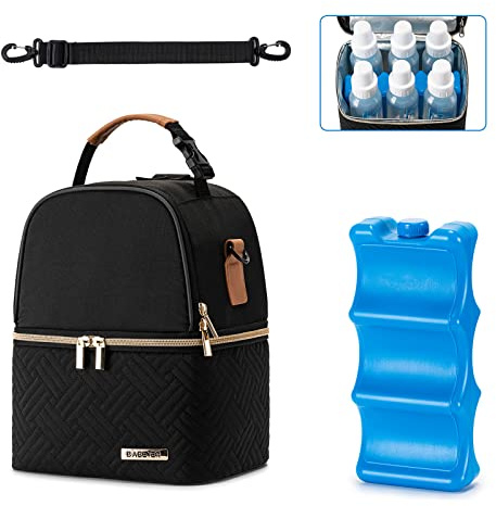 BABEYER Breastmilk Cooler Bag with Ice Pack Fits 6 Baby Bottles up to 9 Ounce, Breast Milk Pump Cooler Bag with Shoulder Strap for Nursing Mom Daycare, Work, Travel- Black