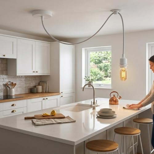 LEDSone Vintage E27 Pendant Light Fitting with 1m Adjustable Fabric Cable | Industrial Ceiling Hanging Lamp Holder with Metal Ceiling Rose for Kitchen Island, Dining Room, Bedroom, Bar & Cafe, White