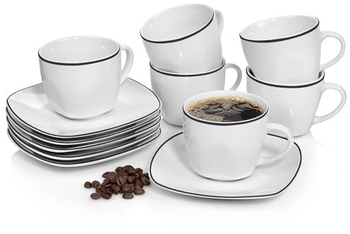 SÄNGER | Tassen Set mit Untertasse Bilgola Black Rim 12 tlg, Kaffeetassen 6 Personen, Porzellan Kaffeeservice Kaffeetasse mit Untertasse, mit Schwarzen Akzenten 175 ml | PREMIUM COLLECTION