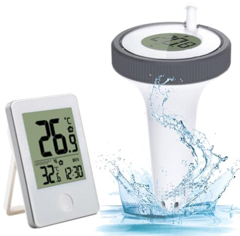 Thermomètre Piscine Flottant Electronique sans Fil Radio Connecté,Combinaison Thermomètre Température Wireless d'eau LCD avec Récepteur Numérique Exterieur Interieur,pour Aquarium,Spa,Étang à Poissons