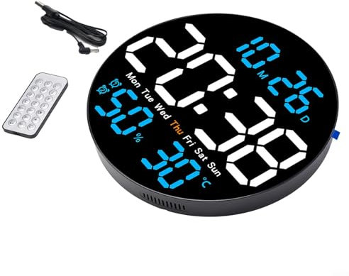 Orologio da parete a LED da 25,4 cm con doppio allarme, grande orologio da parete radiocontrollato, controllo della luminosità e display ambientali, per camera da letto, ufficio (blu)
