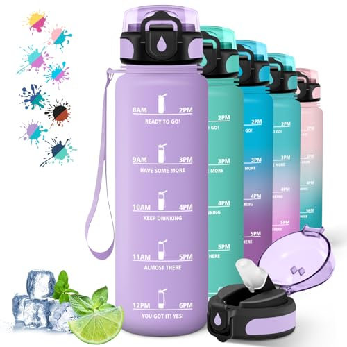 Gourde 1l, Gourde Sport Anti-Fuite, Bouteille avec Paille pour Randonnée, Bouteille d'eau pour Motivation, Gourde Adulte, Facile à Transporter, pour Extérieur, Camping, Randonnée, Violet
