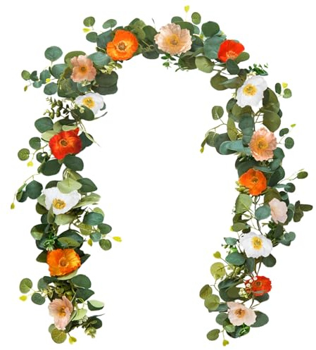 Kainonnan 5.74 FT Artificial Poppies Flower Garland, Floral Garland Greenery Vines with Eucalyptus Hanging Flowers Vines for Home Wedding Mantle Table Outdoor Decor (Mixed Colors)