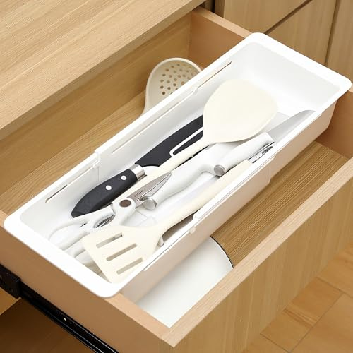 1 Pack Deep Drawer Organizer Bins, Sliding Drawer Organizer Bin Expandable and Adjustable Tray for Kitchen Utensils, Towels, BBQ Tools, Durable Plastic Sliding for Easy Storage (17.4-27.6)