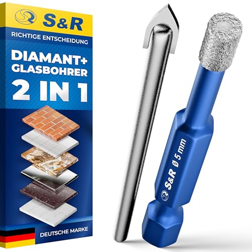 S&R Brocas de Diamante de 5 mm- Juego de 2: 1 Broca Porcelanico 5mm + 1 | Broca de carburo de vidrio para Gres cerámico Azulejos Mármol Vidrio Cerámico Granito