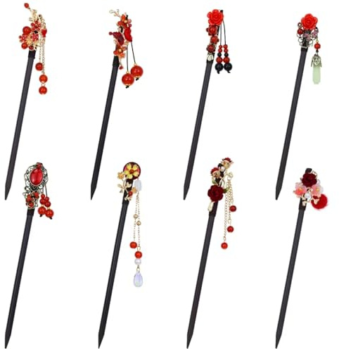 inSowni 8 Pieces Retro Asian Chinese Traditional Hanfu Flower Wooden Hair Sticks Hairpins with Bead Pendants Hair Chopsticks Forks Bun Updo Holders for Women Girls (Multicolor S7)