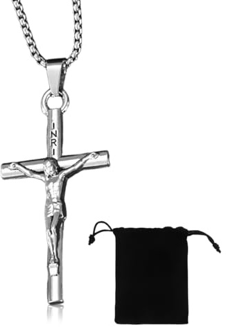 JYNXOR Collar Hombre con Colgante Cruz de Acero Inoxidable - Cruz Cristiana y Católica - Regalo para Bautizo o Comunión - Plata