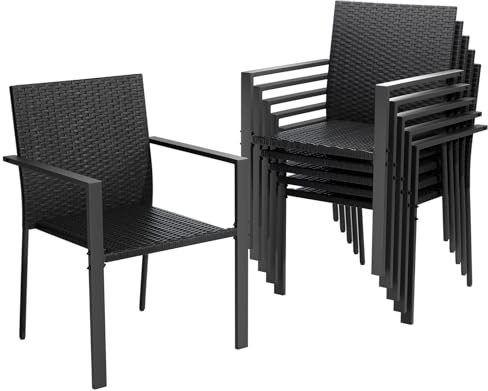 Amopatio Gartenstühle Stapelbar 6er Set, Polyrattan Stapelstuhl Garten mit Armlehnen, Stabiler Stahlrahmen, Wetterfest Rattansessel - Rattan Balkonstühle für Balkon, Terrasse, Schwarz