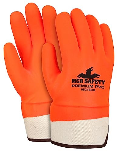 MCR Safety 6521SCO Double Dipped PVC Foam Lined Sandy Finish Men's Gloves with Rubberized Safety Cuff, Orange, Large, 1-Pair